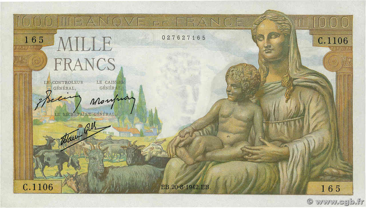 1000 Francs DÉESSE DÉMÉTER FRANCE  1942 F.40.05 pr.NEUF