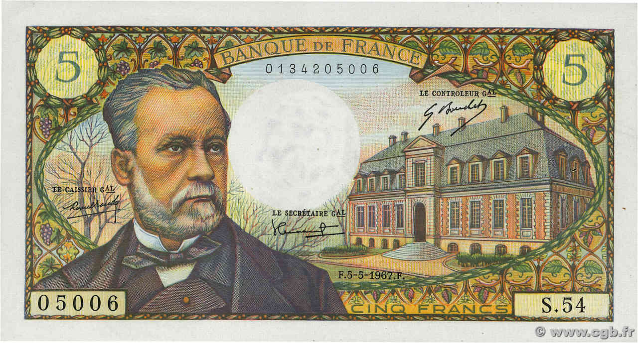 5 Francs PASTEUR FRANCIA  1967 F.61.05 EBC+