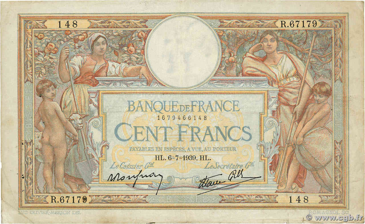 100 Francs LUC OLIVIER MERSON type modifié FRANCE  1939 F.25.48 TB