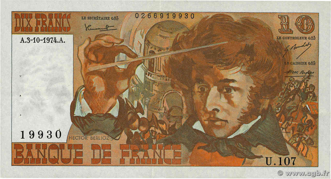 10 Francs BERLIOZ FRANCE  1974 F.63.07b TTB+