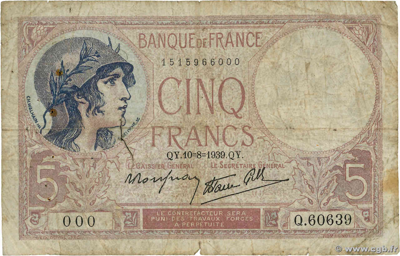 5 Francs FEMME CASQUÉE modifié Numéro spécial FRANKREICH  1939 F.04.05 SGE