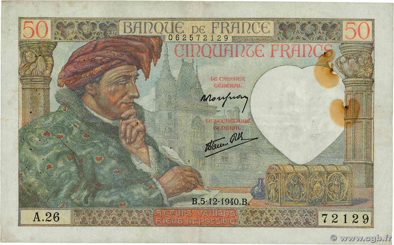 50 Francs JACQUES CŒUR FRANCE  1940 F.19.04 TB