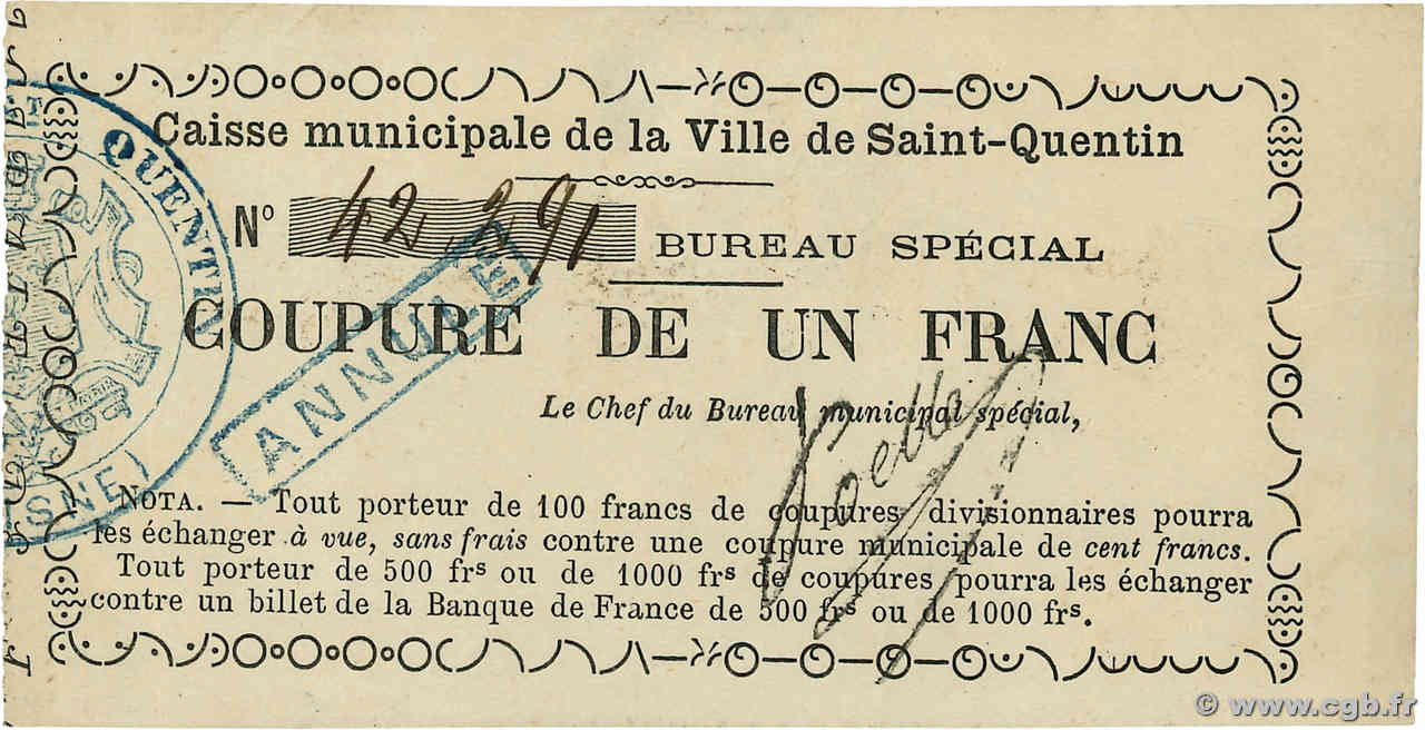 1 Franc Annulé FRANCE régionalisme et divers Saint-Quentin 1870 JER.02.18b SUP