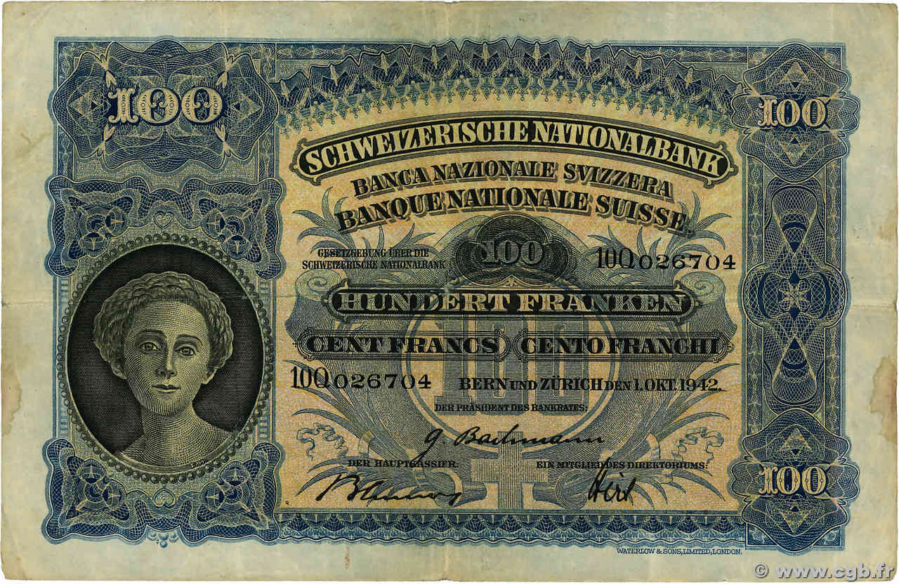 100 Francs SUISSE  1942 P.35n MB