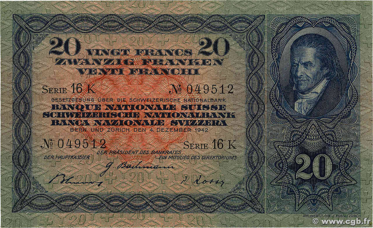 20 Francs SUISSE  1942 P.39l TTB