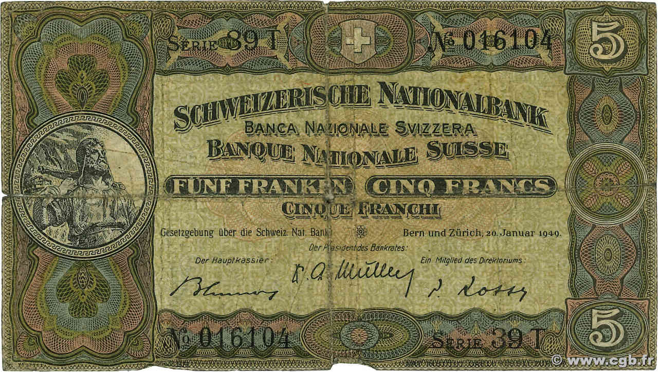5 Francs SUISSE  1949 P.11n B+