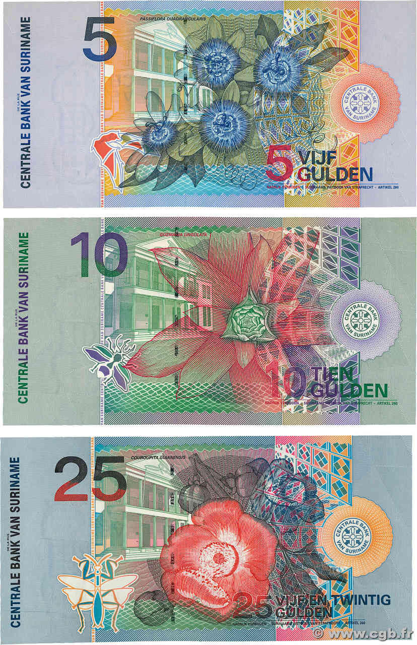 5 à 25 Gulden Lot SURINAM  2000 P.146 à P.148 NEUF