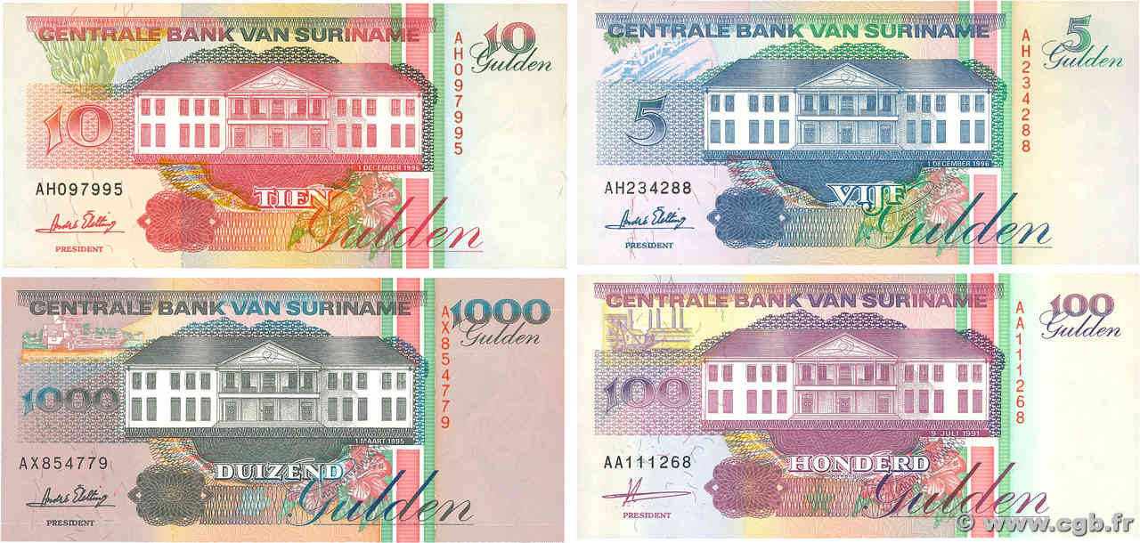 5, 10, 100 et 1000 Gulden Lot SURINAM  1991 P.136a, P.137b, P.139b et P.141b NEUF