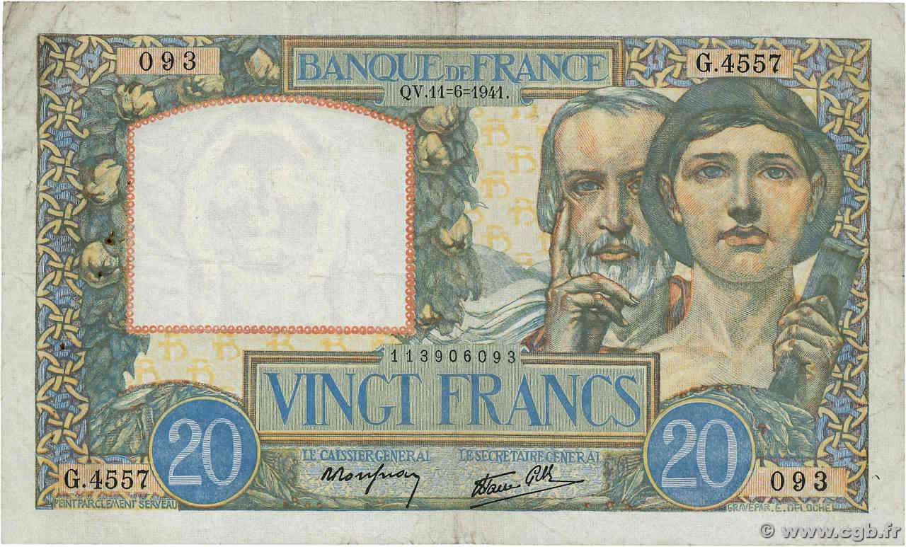 20 Francs TRAVAIL ET SCIENCE FRANCIA  1941 F.12.15 MB