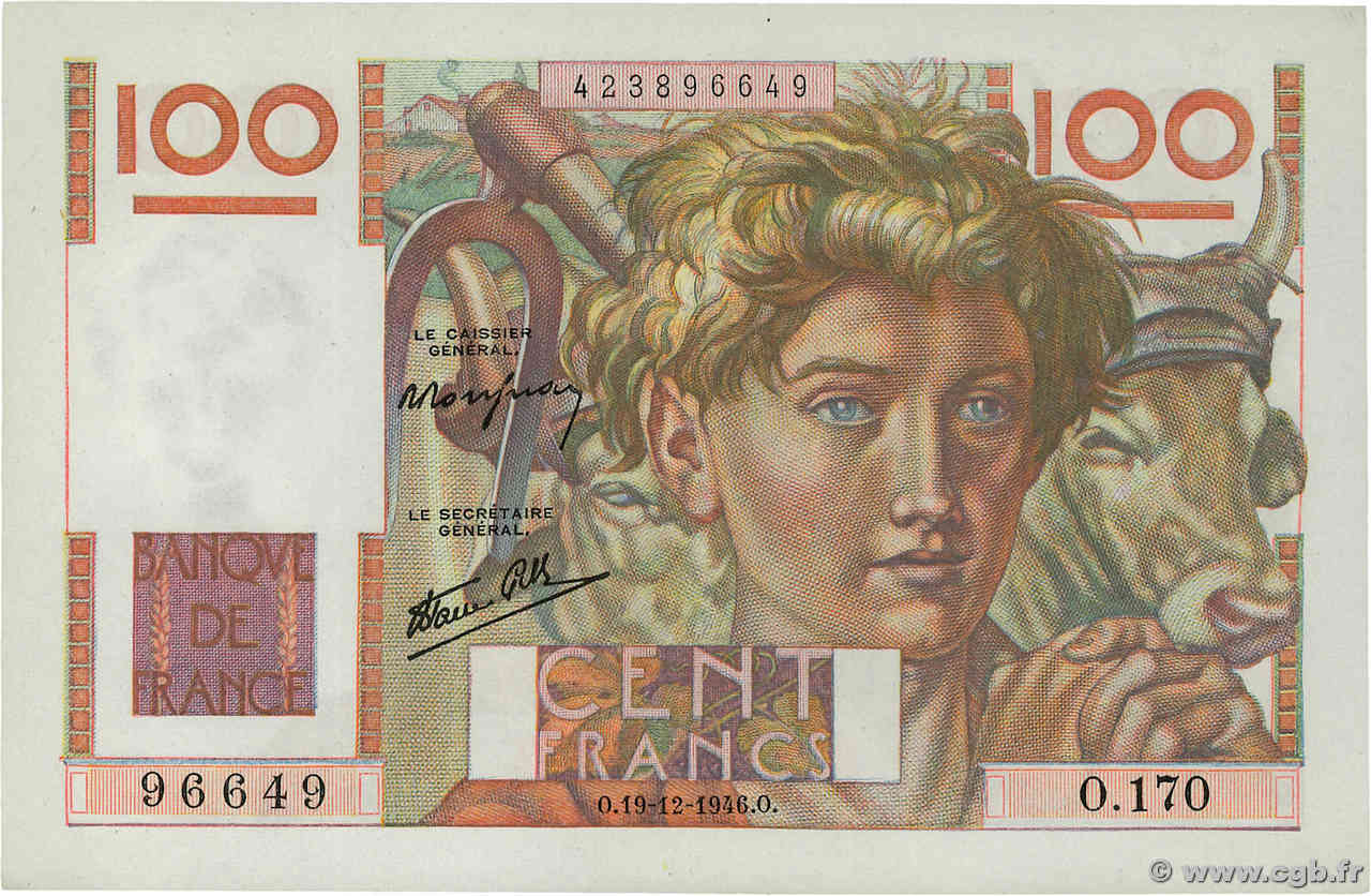 100 Francs JEUNE PAYSAN FRANCE  1946 F.28.12 SPL