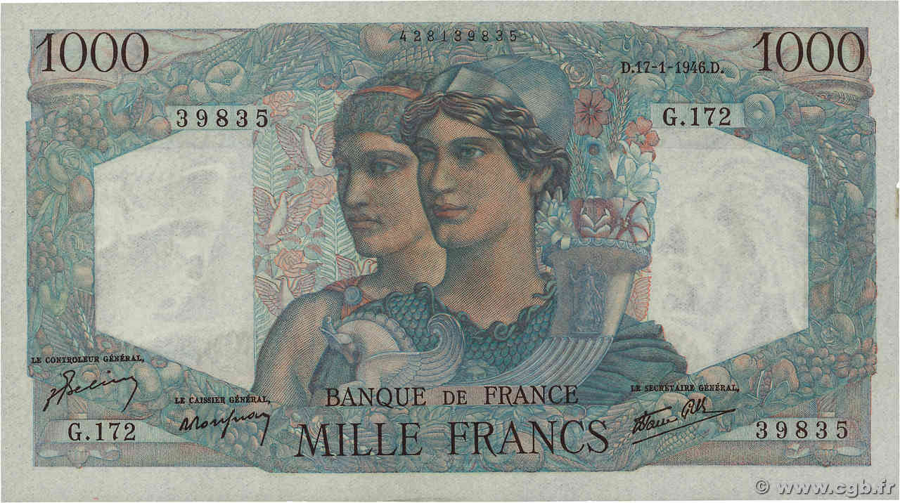 1000 Francs MINERVE ET HERCULE FRANCE  1946 F.41.10 AU