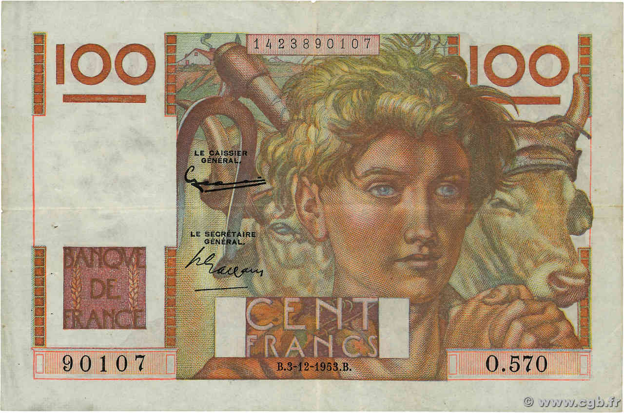 100 Francs JEUNE PAYSAN FRANCIA  1953 F.28.40 BB