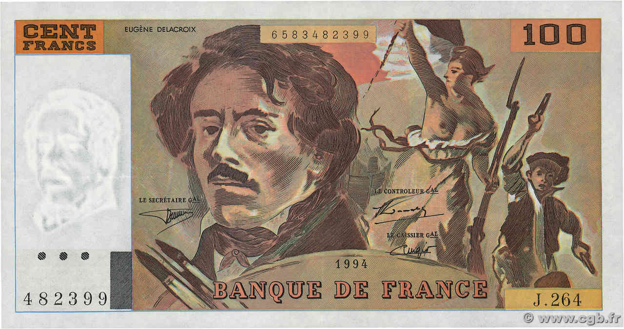 100 Francs DELACROIX 442-1 & 442-2 FRANCIA  1994 F.69TER.01b MBC+