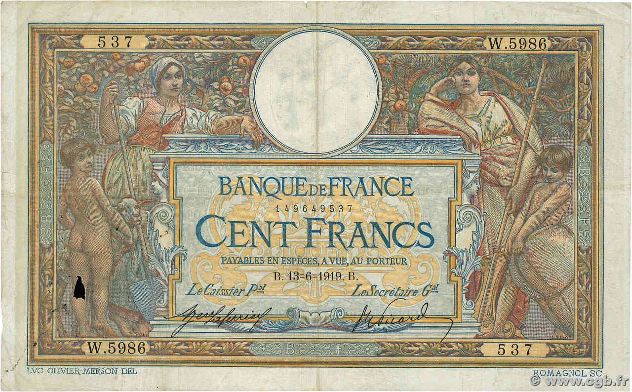 100 Francs LUC OLIVIER MERSON sans LOM FRANCE  1919 F.23.11 B+