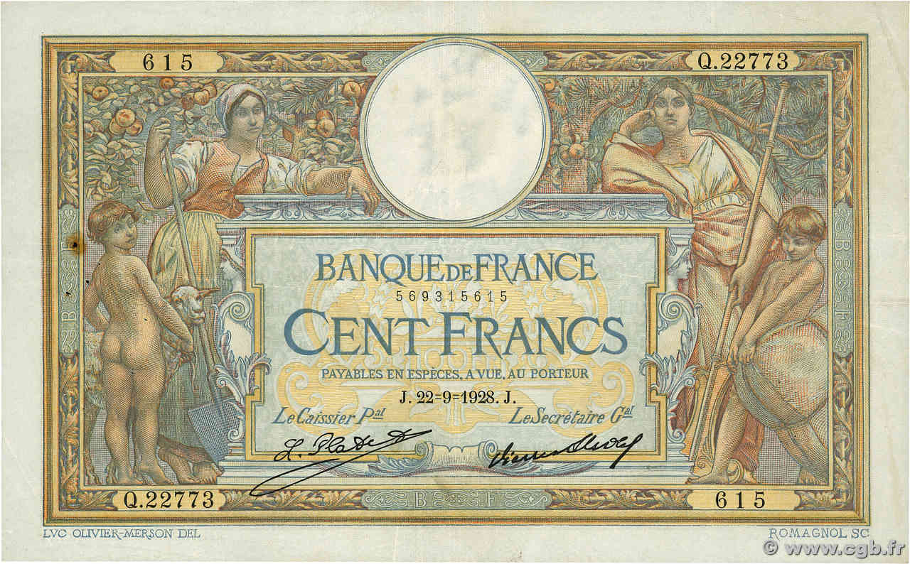 100 Francs LUC OLIVIER MERSON grands cartouches FRANCE  1928 F.24.07 VF