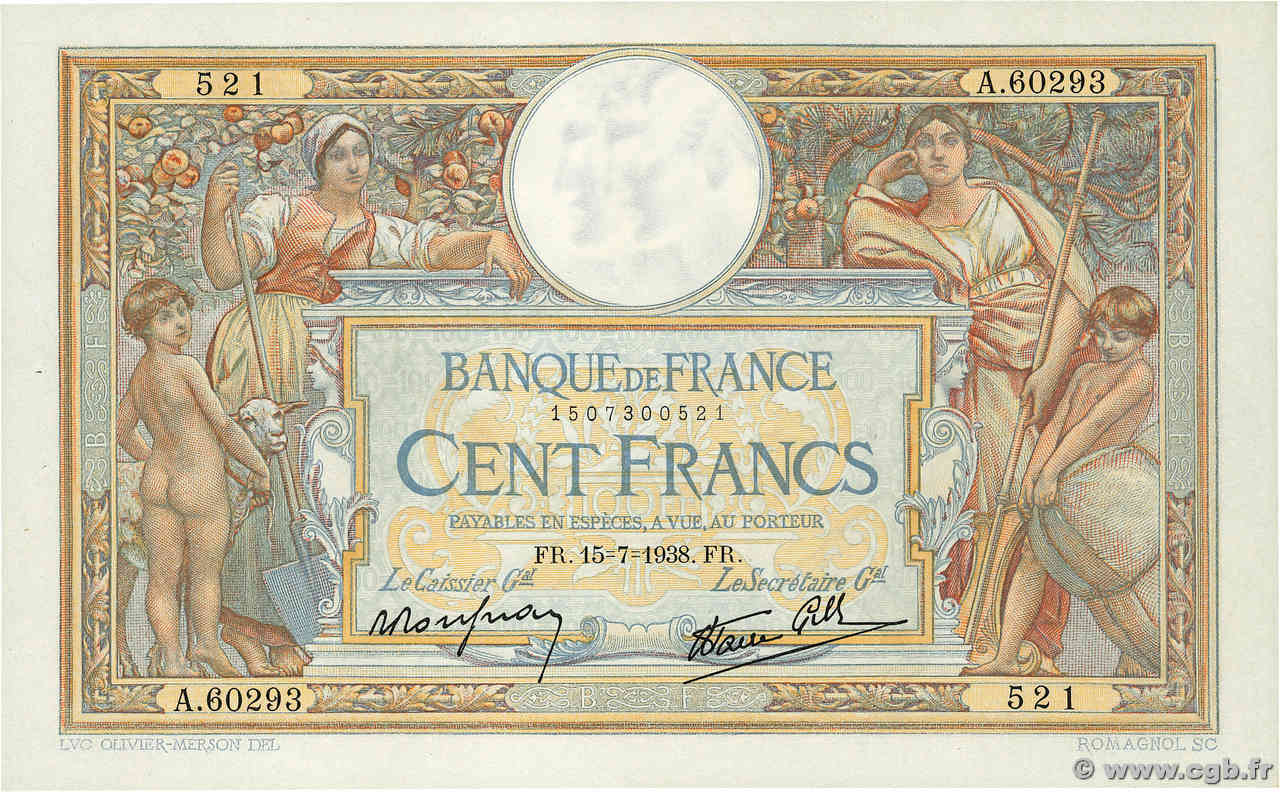 100 Francs LUC OLIVIER MERSON type modifié FRANCIA  1938 F.25.26 SPL+