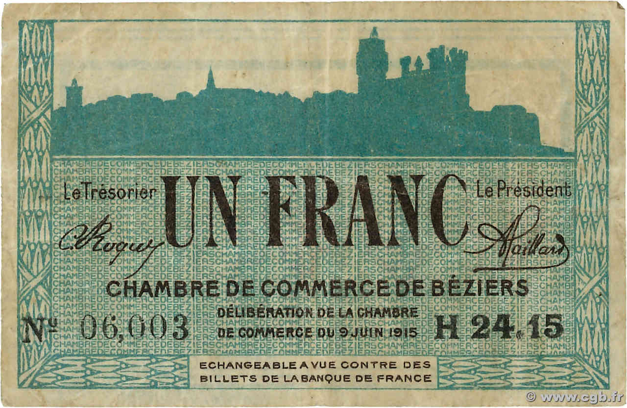 1 Franc FRANCE régionalisme et divers Béziers 1915 JP.027.15 TB