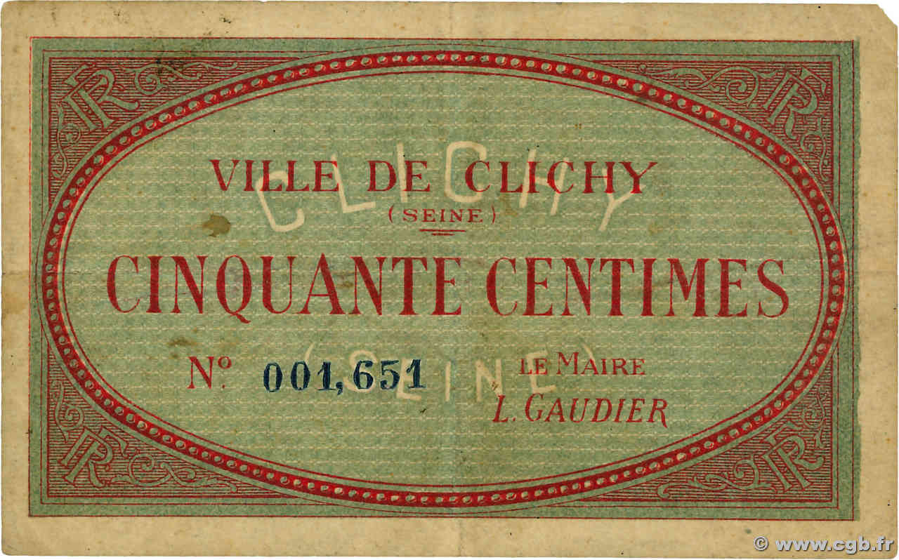 50 Centimes FRANCE régionalisme et divers Clichy 1914 JP.75-280 TTB