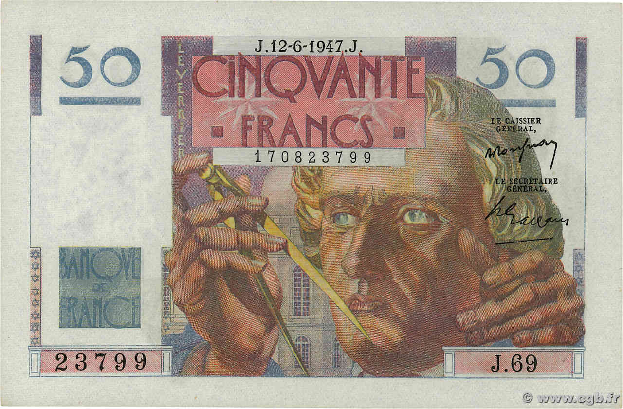 50 Francs LE VERRIER FRANCIA  1947 F.20.08 q.FDC