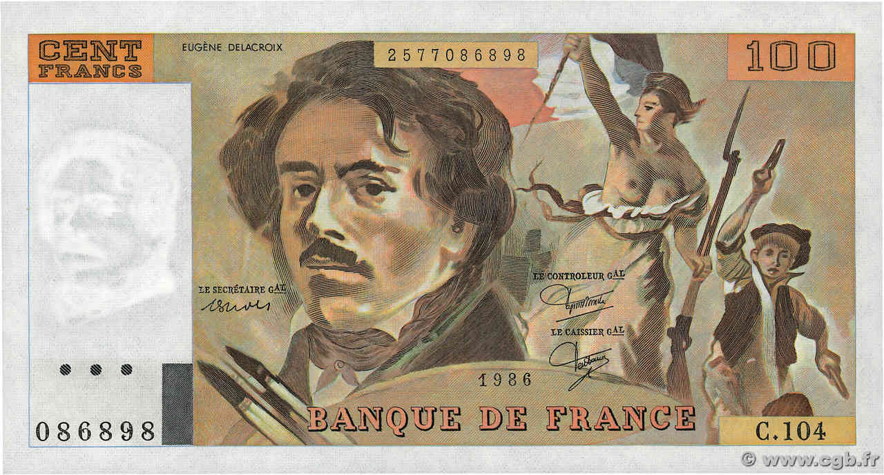 100 Francs DELACROIX modifié FRANCE  1986 F.69.10 UNC-