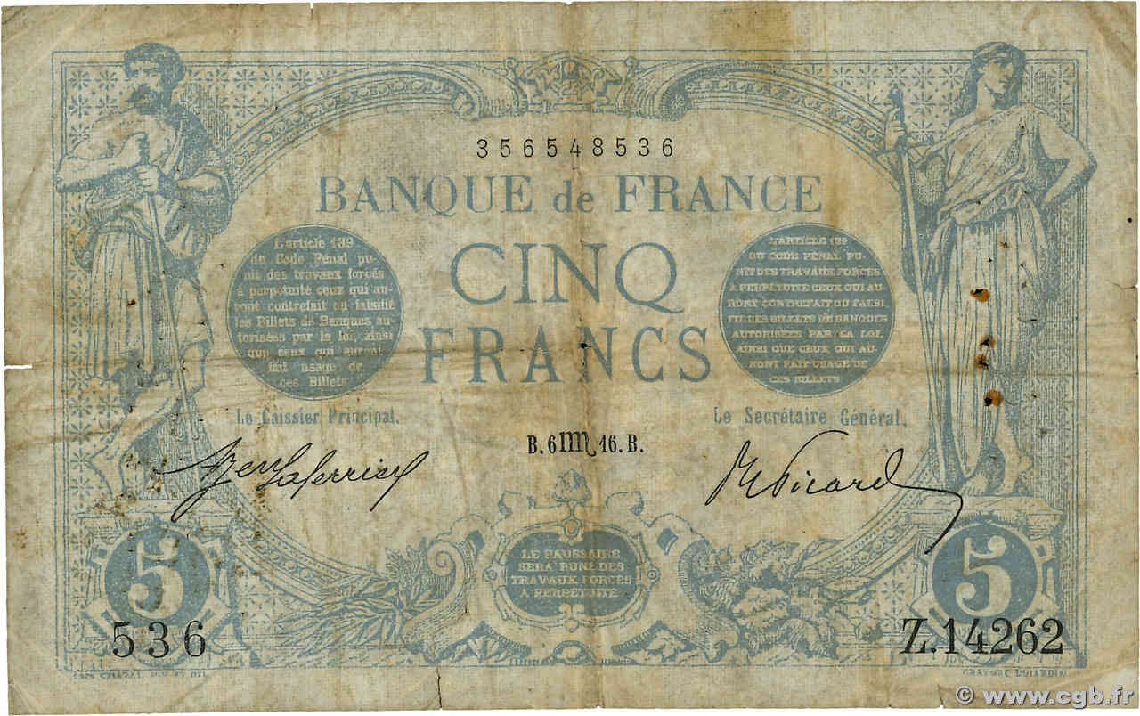 5 Francs BLEU FRANCE  1916 F.02.44 VG