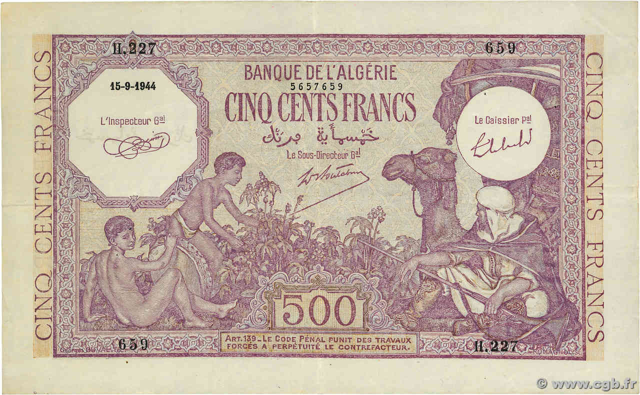 500 Francs ALGERIA  1944 P.095 VF