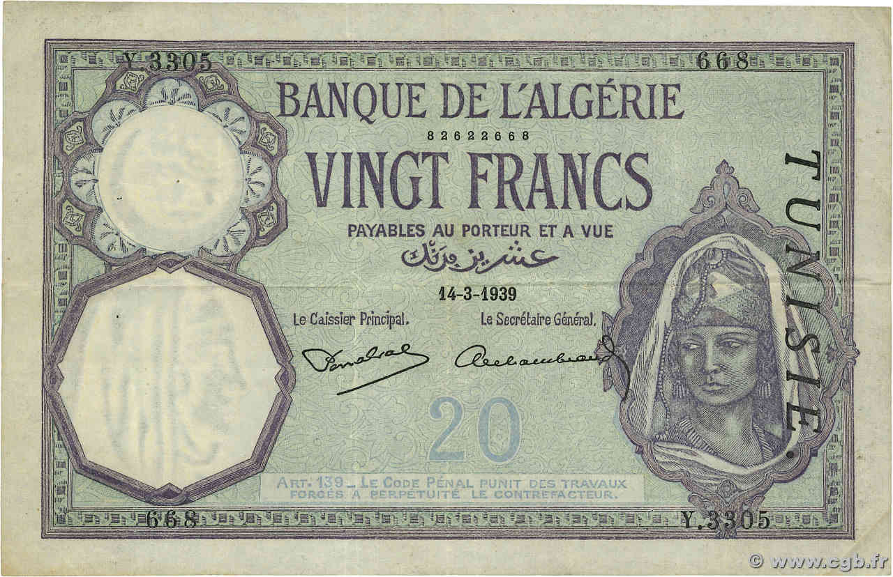 20 Francs TUNISIE  1939 P.06b TTB