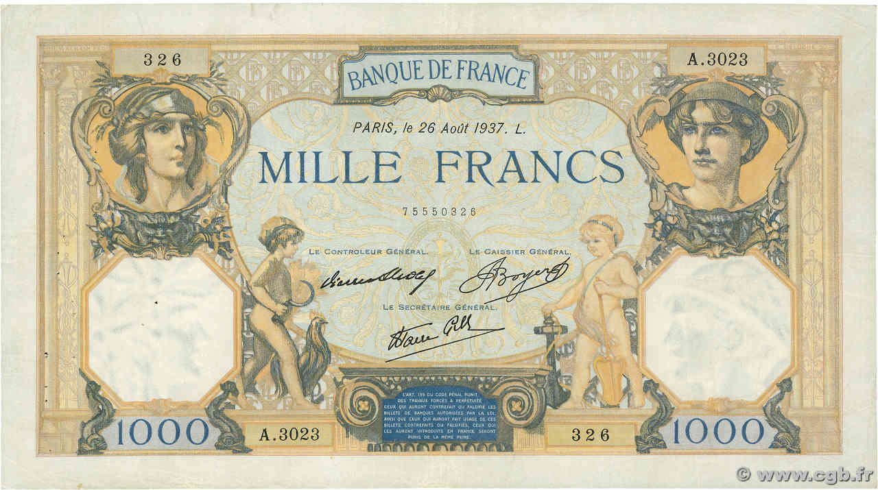 1000 Francs CÉRÈS ET MERCURE type modifié FRANCE  1937 F.38.03 F