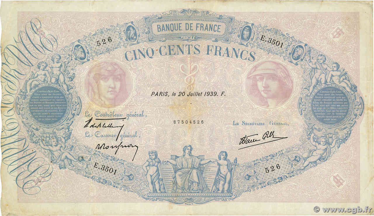 500 Francs BLEU ET ROSE modifié FRANCE  1939 F.31.37 TB