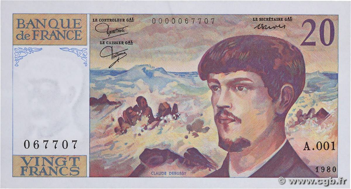 20 Francs DEBUSSY FRANCE  1980 F.66.01A1 XF-