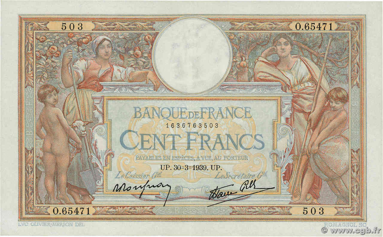 100 Francs LUC OLIVIER MERSON type modifié FRANCIA  1939 F.25.44 EBC+