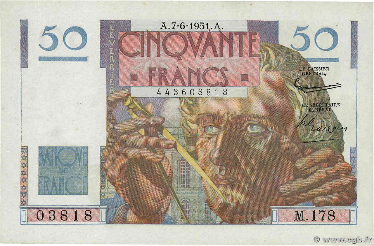 50 Francs LE VERRIER FRANCIA  1951 F.20.18 AU