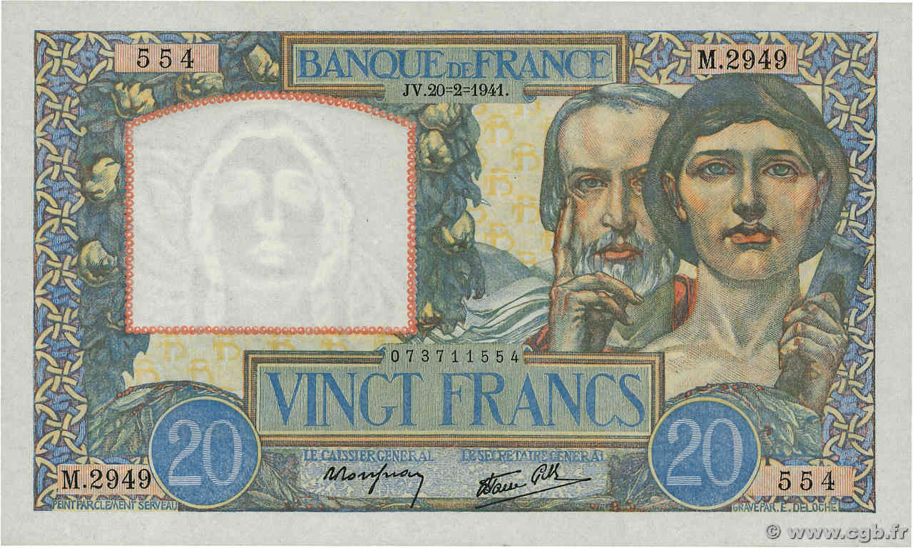 20 Francs TRAVAIL ET SCIENCE FRANCE  1941 F.12.12 XF+