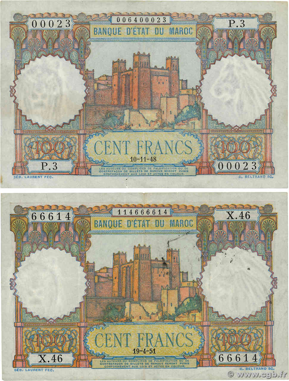 100 Francs Lot MAROC  1948 P.45 TB+