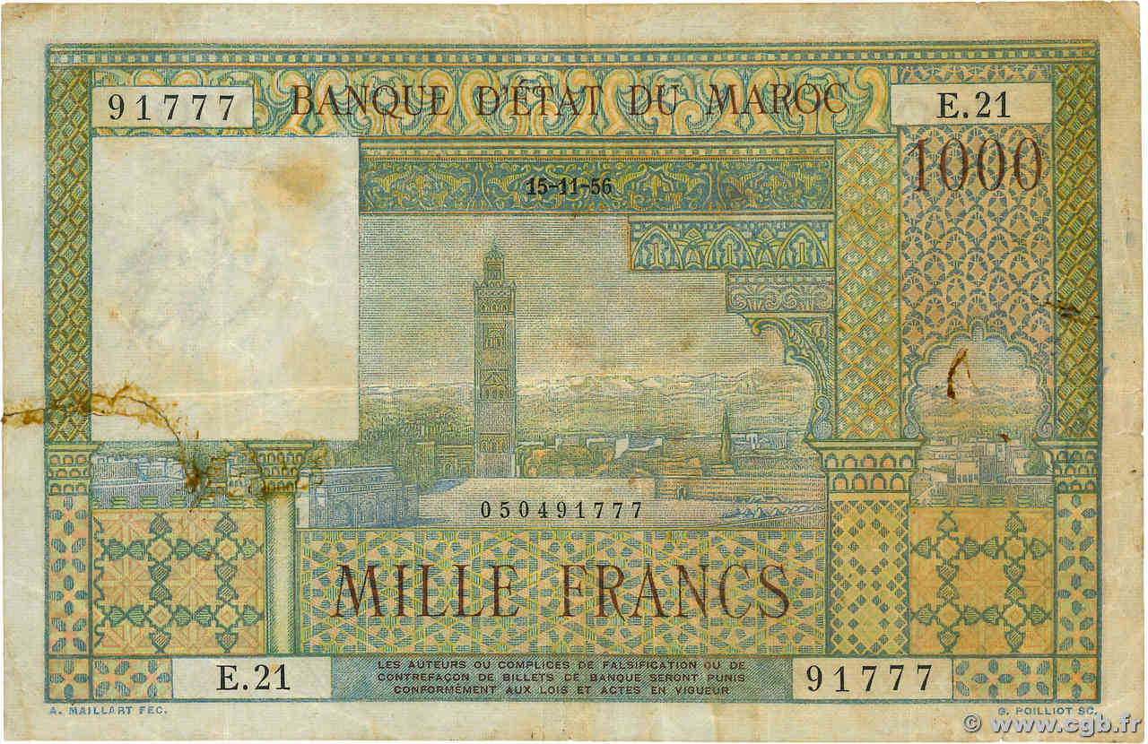 1000 Francs MAROC  1956 P.47 TB