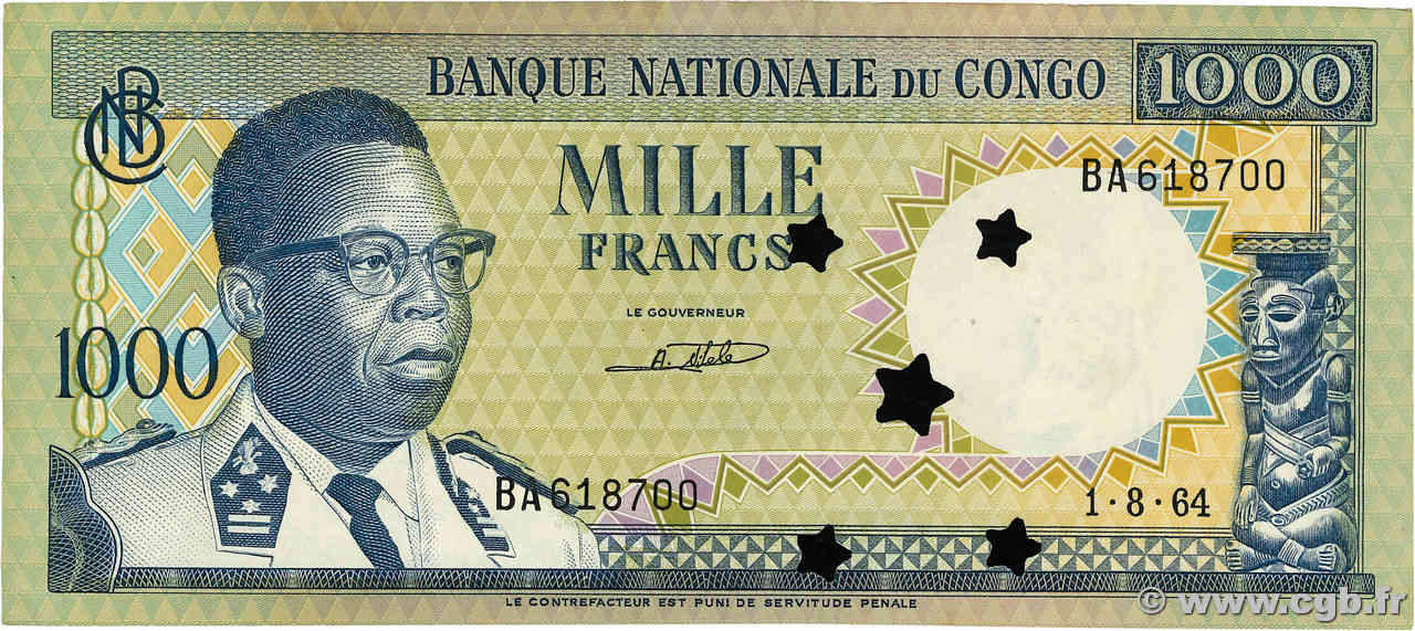 1000 Francs Annulé CONGO, DEMOCRATIC REPUBLIC  1964 P.008a UNC-