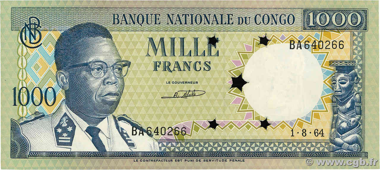 1000 Francs Annulé RÉPUBLIQUE DÉMOCRATIQUE DU CONGO  1964 P.008a pr.NEUF