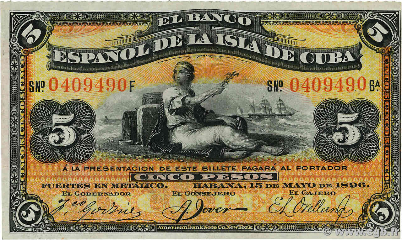 5 Pesos CUBA  1896 P.048b XF