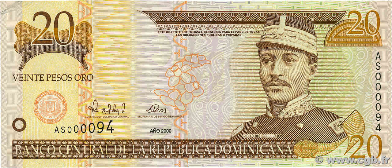 20 Pesos Oro DOMINICAN REPUBLIC  2000 P.160a UNC-