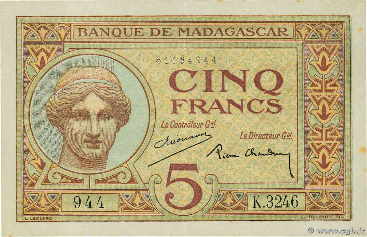 5 Francs MADAGASCAR  1937 P.035 XF