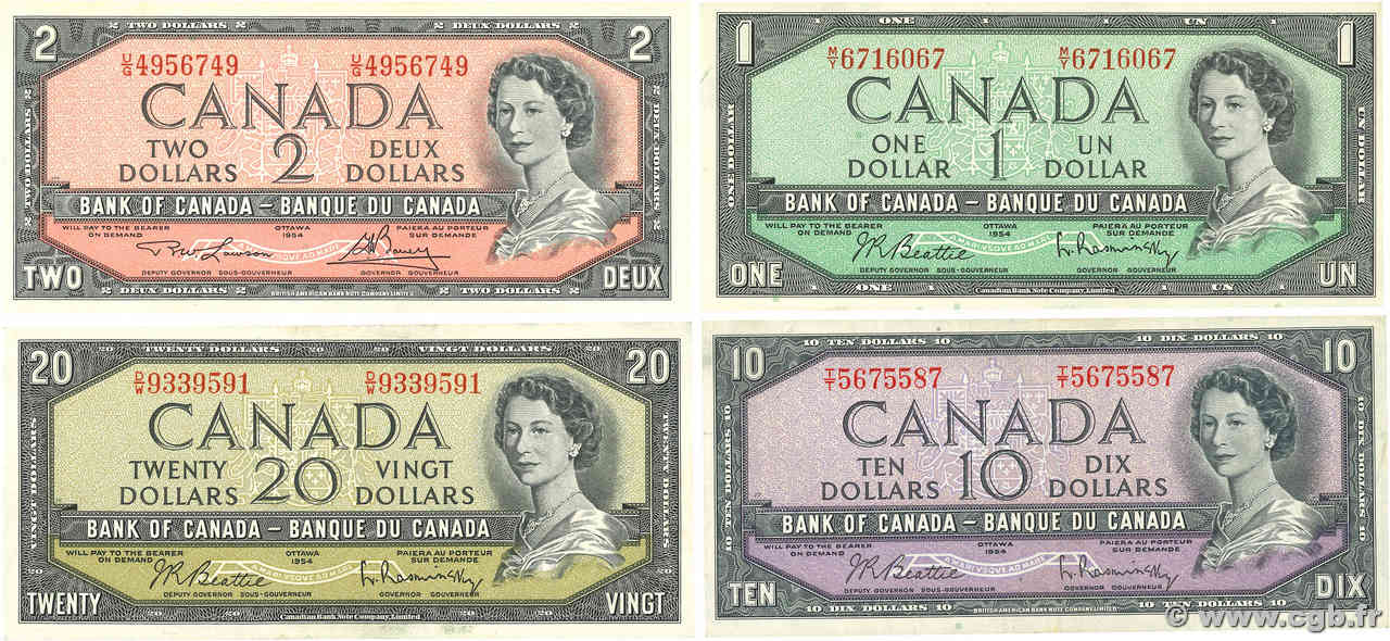 1, 2, 10 et 20 Dollars Lot CANADá
  1954 P.074b, P.076d, P.079b et P.080b MBC