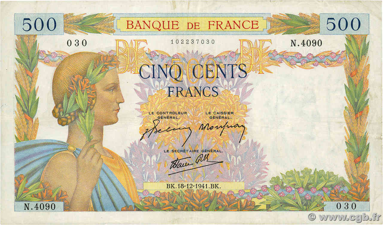 500 Francs LA PAIX FRANCE  1941 F.32.25 VF-