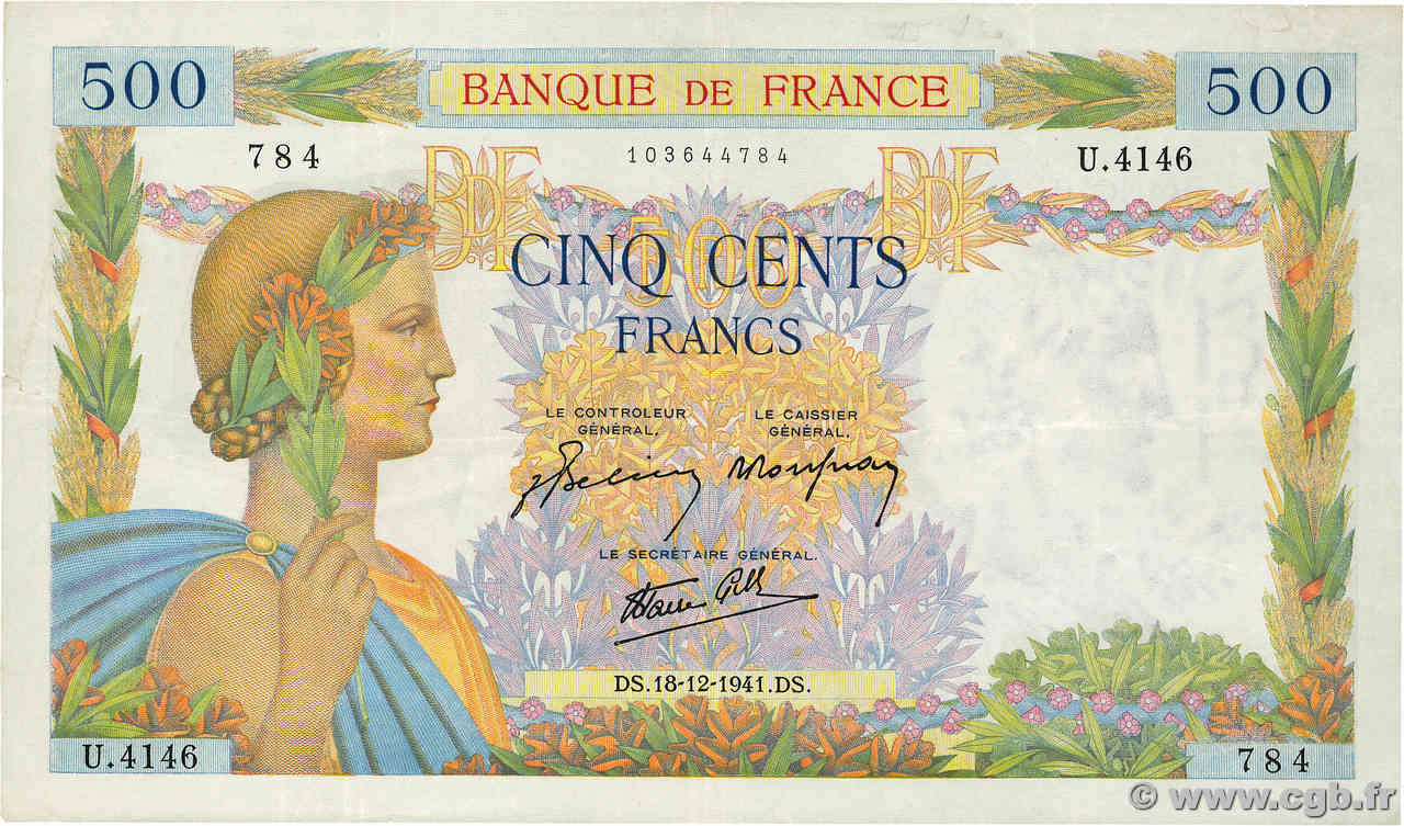 500 Francs LA PAIX FRANCE  1941 F.32.25 pr.TTB