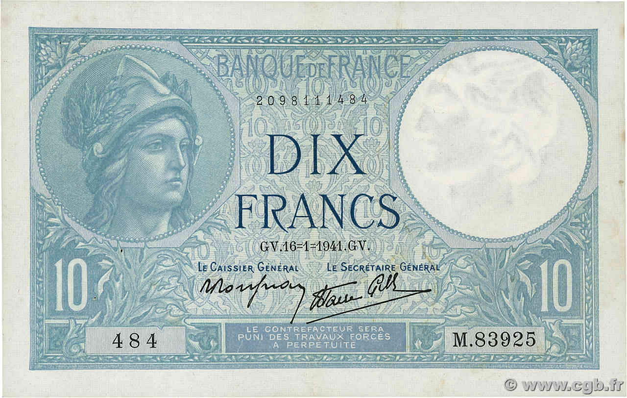 10 Francs MINERVE modifié FRANCE  1941 F.07.28 TTB+