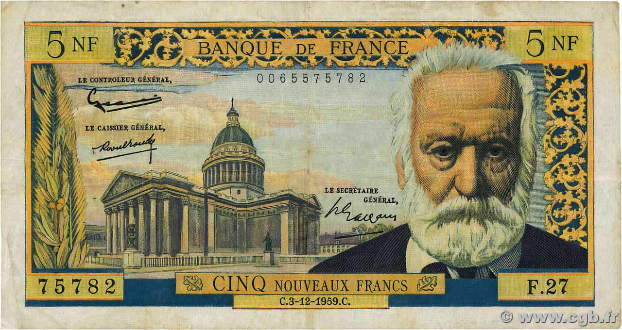 5 Nouveaux Francs VICTOR HUGO FRANCE  1959 F.56.04 F