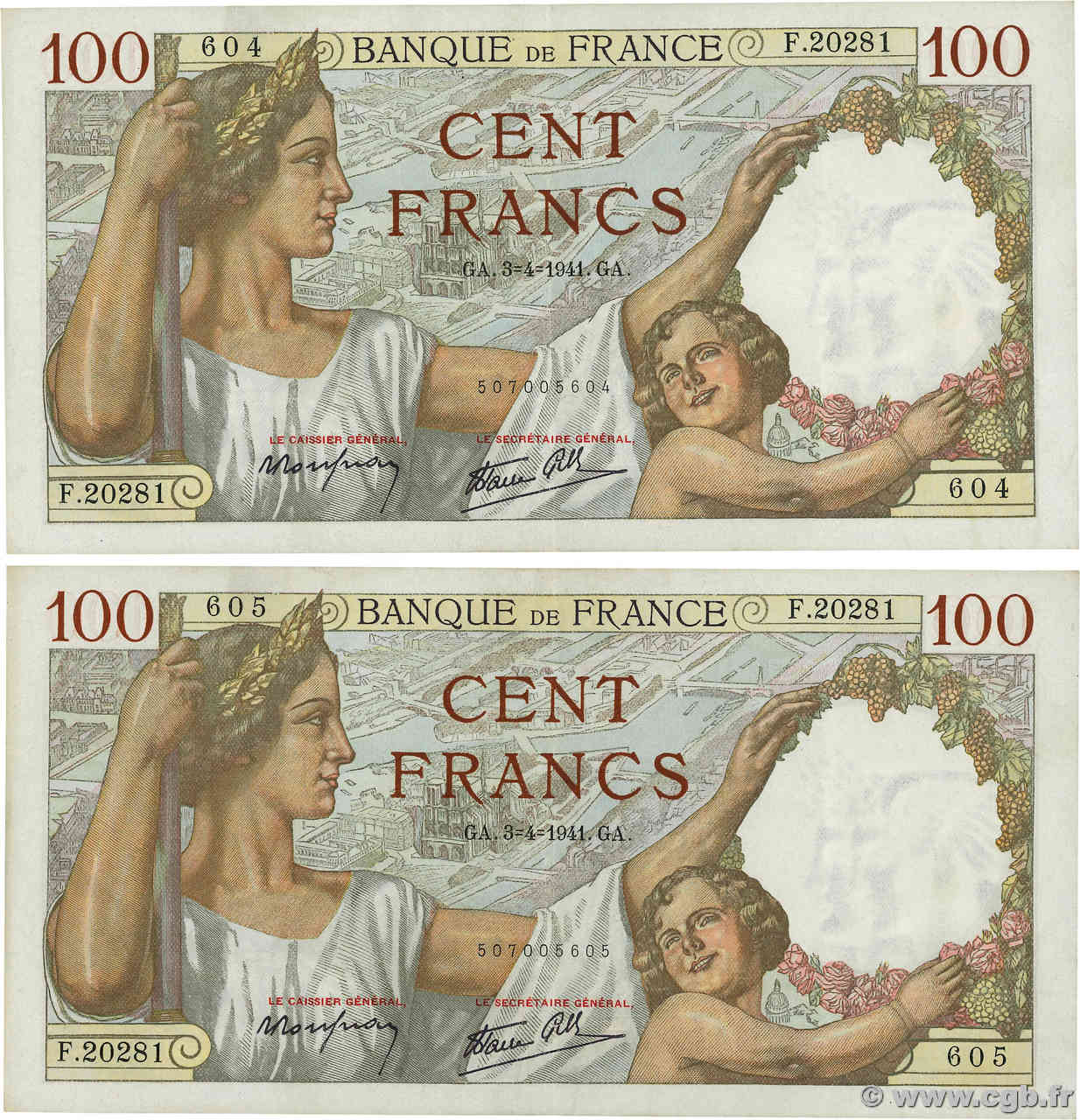 100 Francs SULLY Consécutifs FRANKREICH  1941 F.26.49 fVZ