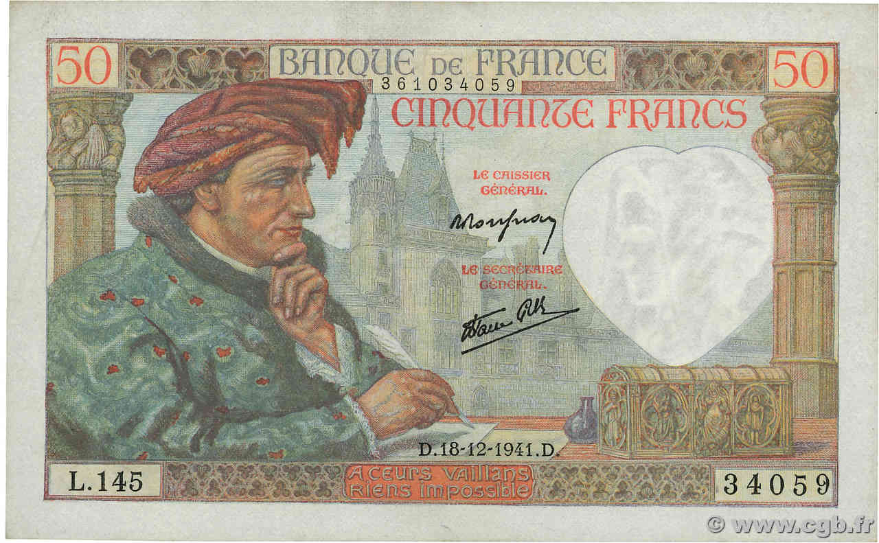 50 Francs JACQUES CŒUR FRANKREICH  1941 F.19.17 VZ