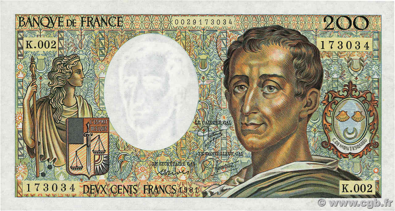 200 Francs MONTESQUIEU FRANCIA  1981 F.70.01 AU