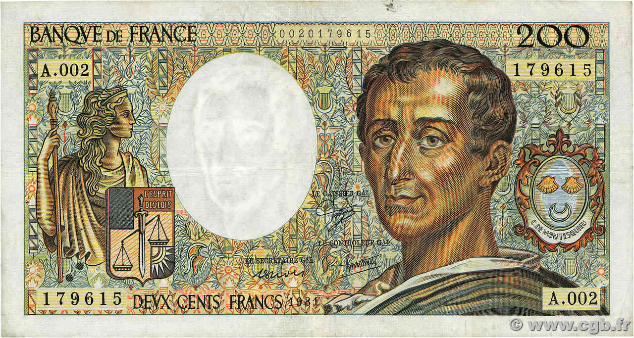 200 Francs MONTESQUIEU FRANCIA  1981 F.70.01 BC