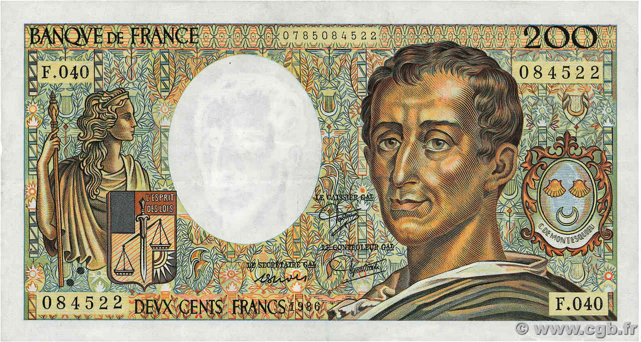 200 Francs MONTESQUIEU FRANCE  1986 F.70.06 VF